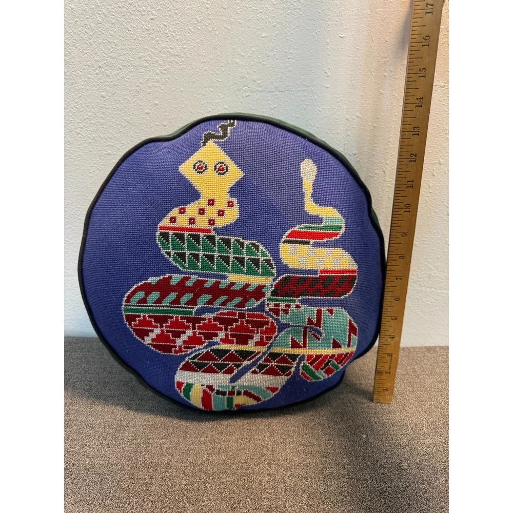 Vintage Needlepoint Throw Pillow Handmade Snake Graphic Multicolor Wool Round